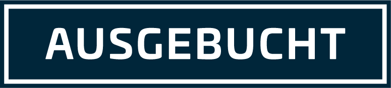 dunkelblauer Button mit dem Schriftzug "ausgebucht".